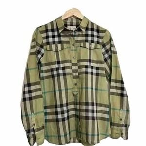 Women's Burberry Brit Cotton Green Nova Check Button Down Shirt Petite Small